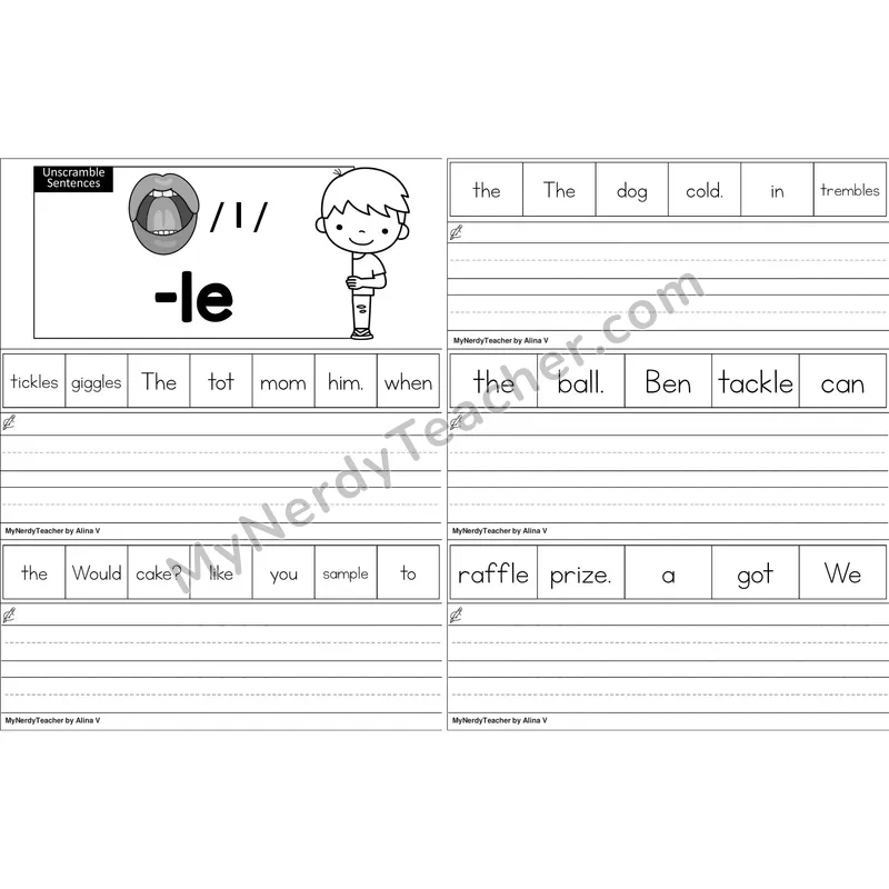 Consonant -le Unscramble Sentences Worksheet (Black and White)