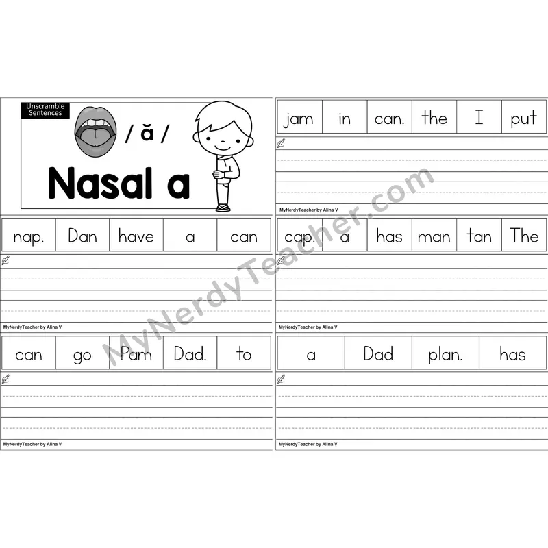 Nasalized A (am, an) Unscramble Sentences Worksheet (Black and White)