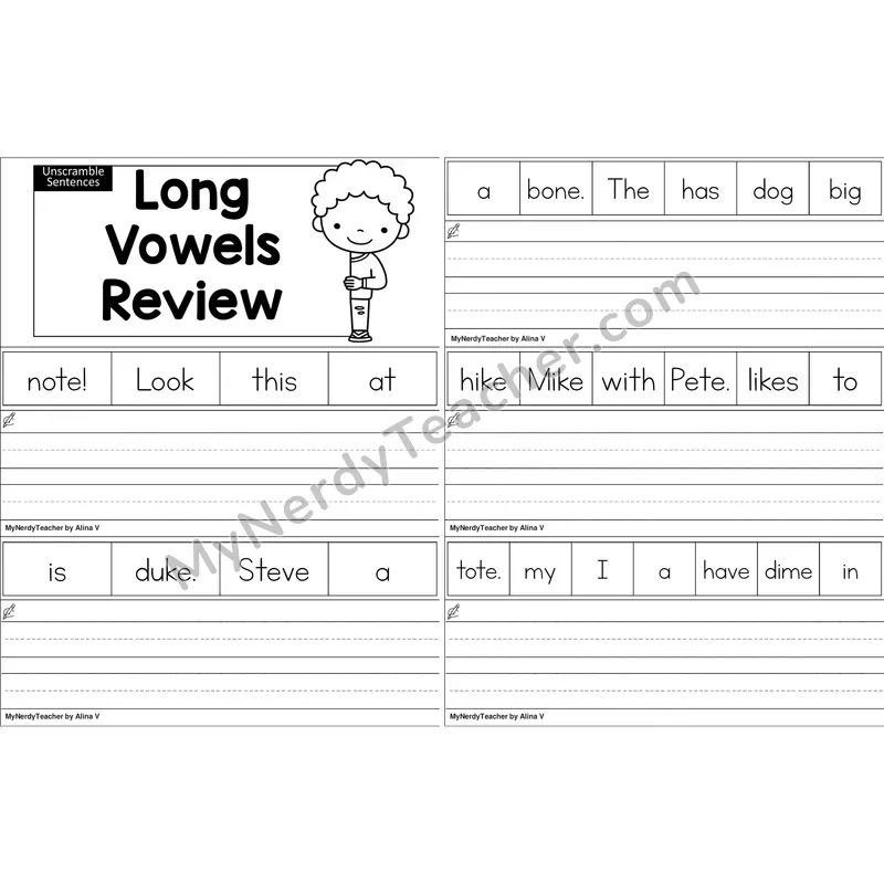 Long Vowels VCe Review Unscramble Sentences Worksheet (Black and White)