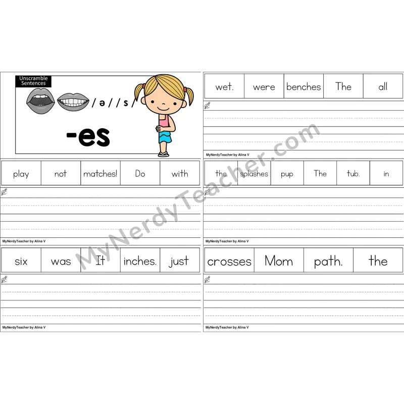 Inflectional -es Unscramble Sentences Worksheet (Color)