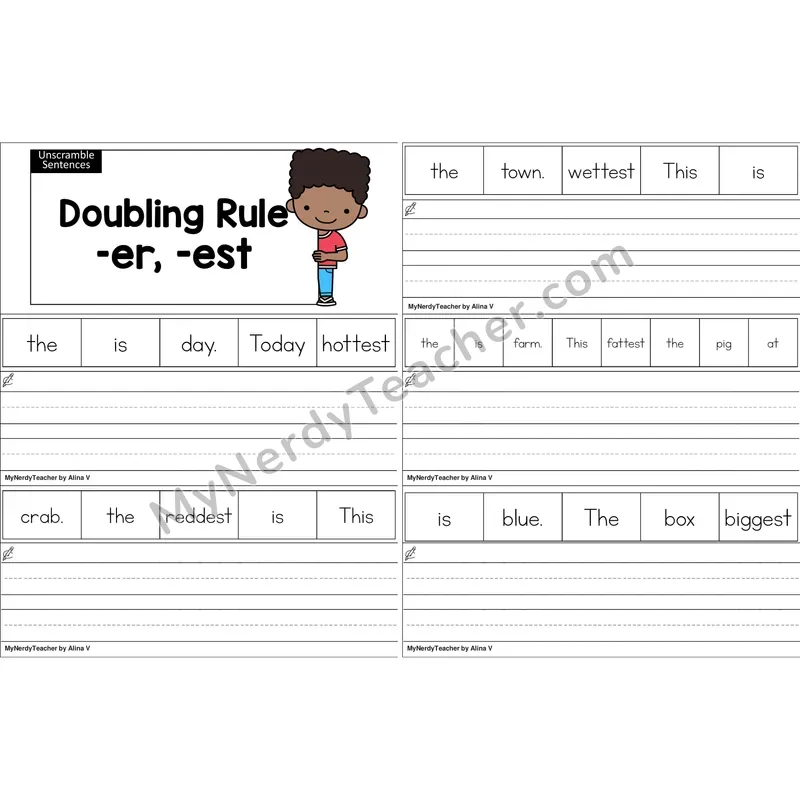 Doubling Rule (-er, -est) Unscramble Sentences Worksheet (Color)