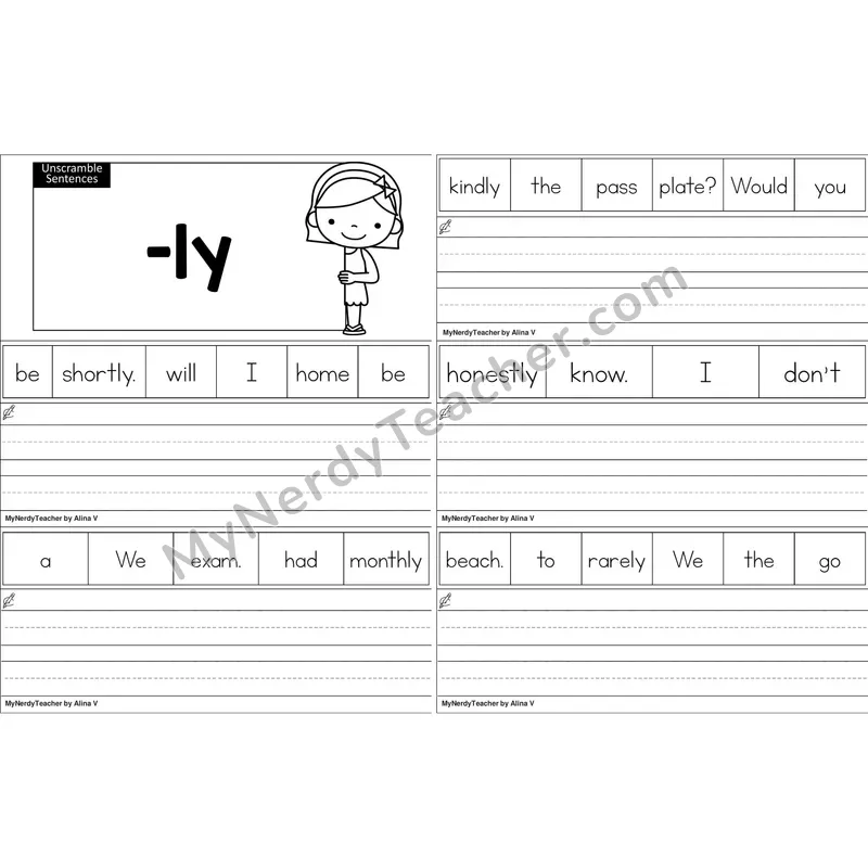 Suffix -ly Unscramble Sentences Worksheet (Black and White)