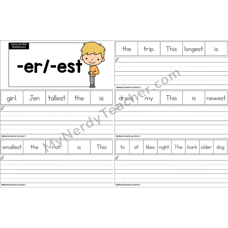 Suffixes -er, -est Unscramble Sentences Worksheet (Color)