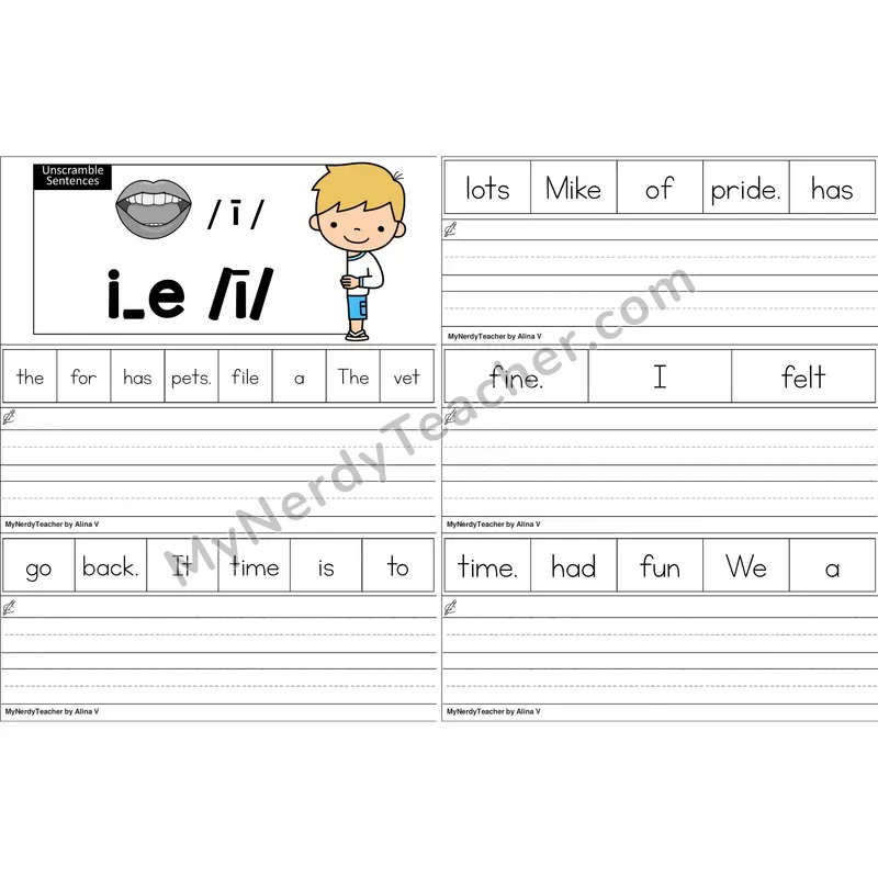 i_e (Long I VCe) Unscramble Sentences Worksheet (Color)
