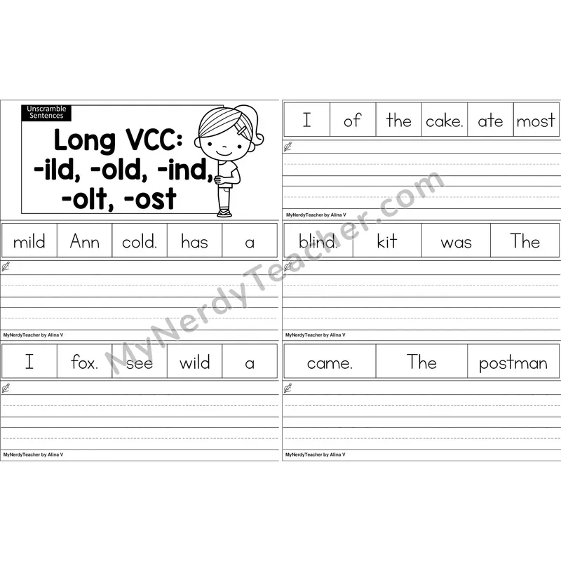 Long VCC (-ild, -old, -ind, -olt, -ost) Unscramble Sentences Worksheet (Black and White)