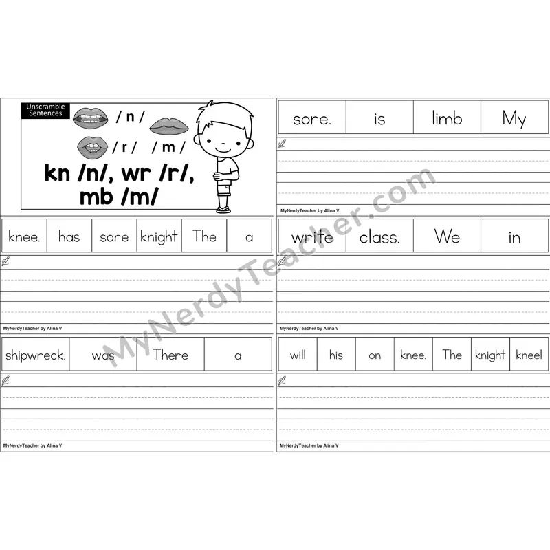 Silent Letters kn, wr, mb Unscramble Sentences Worksheet (Black and White)