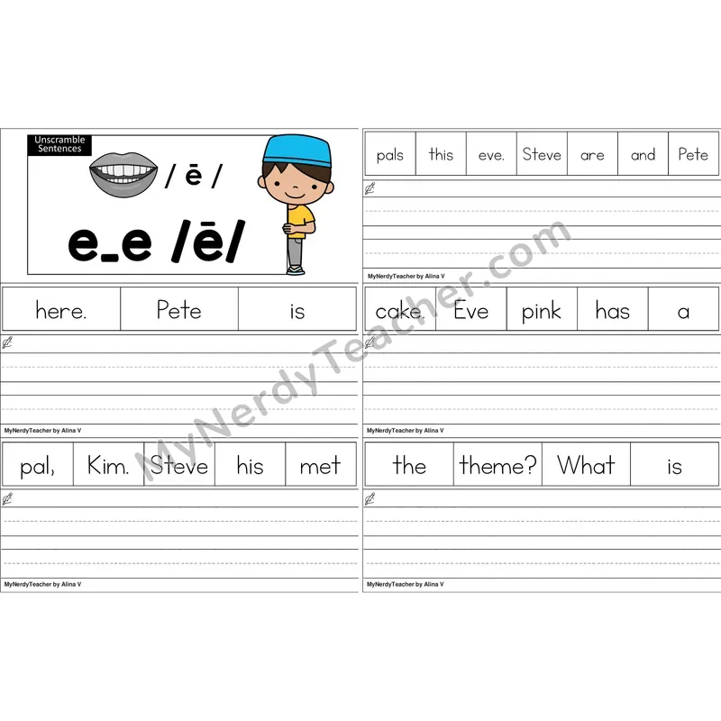e_e (Long E VCe) Unscramble Sentences Worksheet (Color)