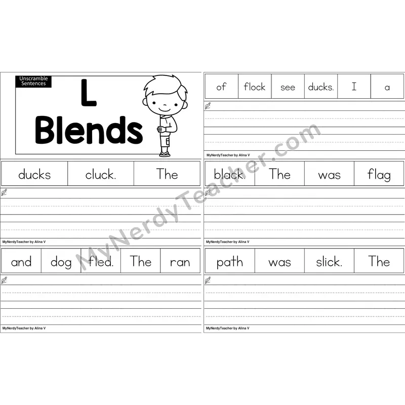 L Blends Unscramble Sentences Worksheet (Black and White)