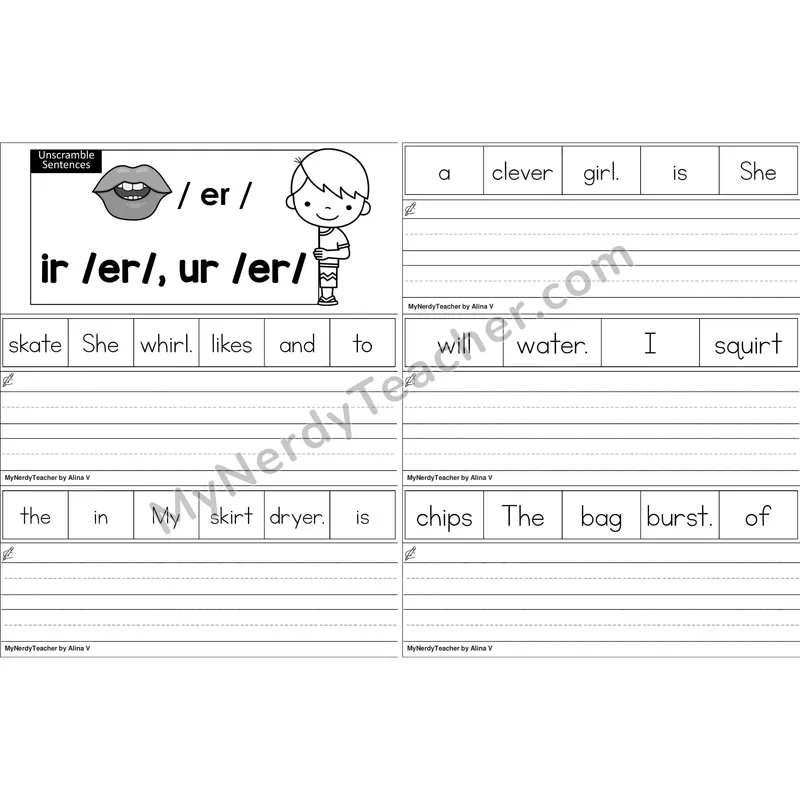 ir, ur (R-Controlled) Unscramble Sentences Worksheet (Black and White)