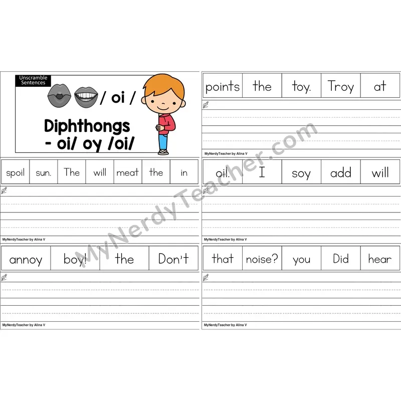 oi, oy Diphthong Unscramble Sentences Worksheet (Color)