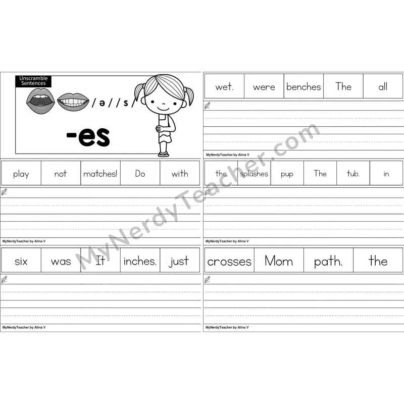 Inflectional -es Unscramble Sentences Worksheet (Black and White)