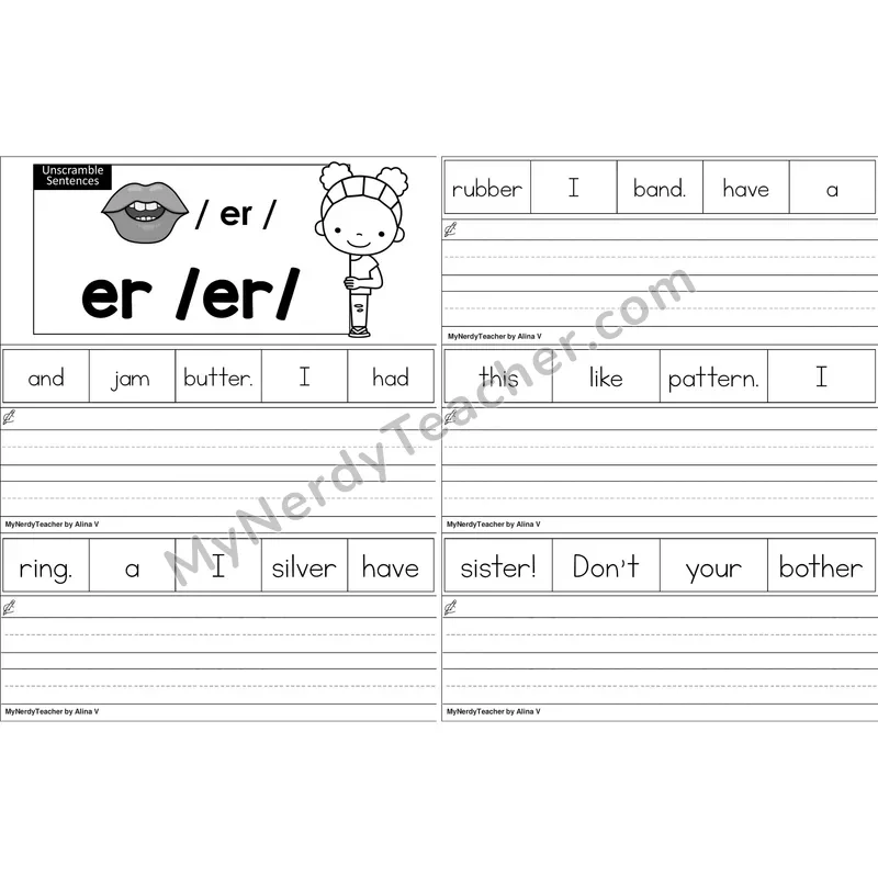 er (R-Controlled) Unscramble Sentences Worksheet (Black and White)