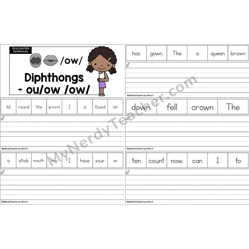 ou, ow Diphthong Unscramble Sentences Worksheet (Color)