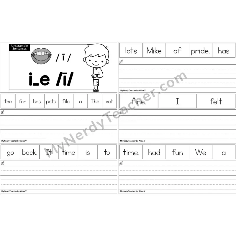 i_e (Long I VCe) Unscramble Sentences Worksheet (Black and White)