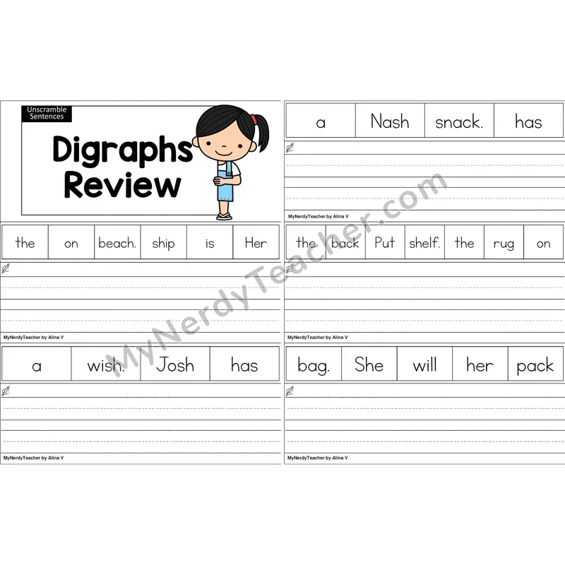 Digraphs Review Unscramble Sentences Worksheet (Color)