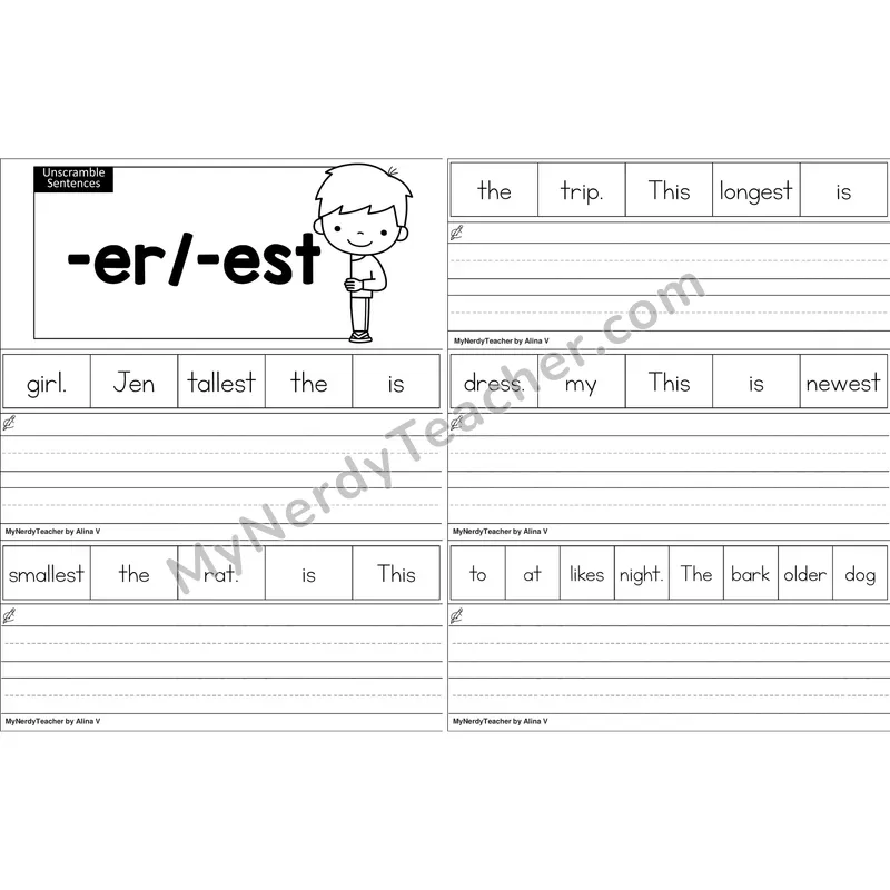 Suffixes -er, -est Unscramble Sentences Worksheet (Black and White)