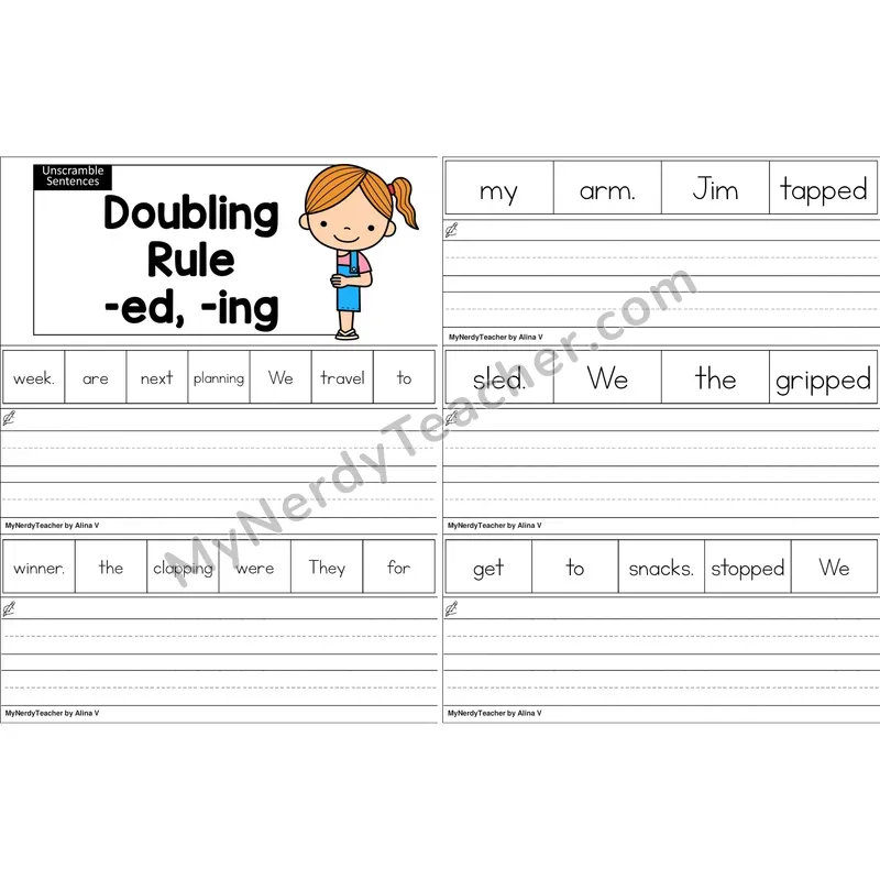 Doubling Rule (-ed, -ing) Unscramble Sentences Worksheet (Color)