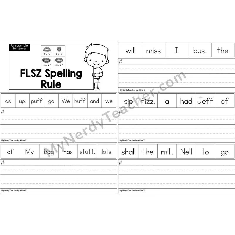 Floss Rule (ff, ll, ss, zz) Unscramble Sentences Worksheet (Black and White)