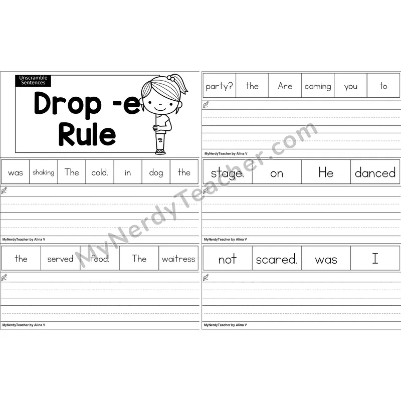Drop -e Rule Unscramble Sentences Worksheet (Black and White)