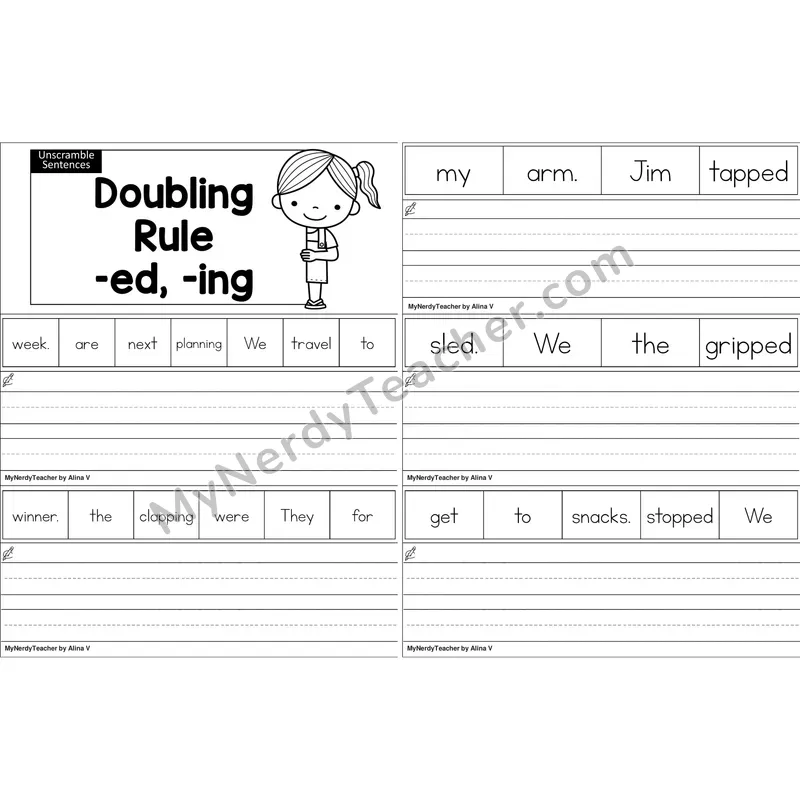 Doubling Rule (-ed, -ing) Unscramble Sentences Worksheet (Black and White)
