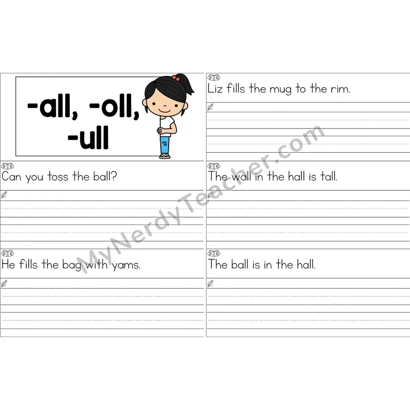 Glued Sounds -all, -oll, -ull Sentence Writing Strips (Color)