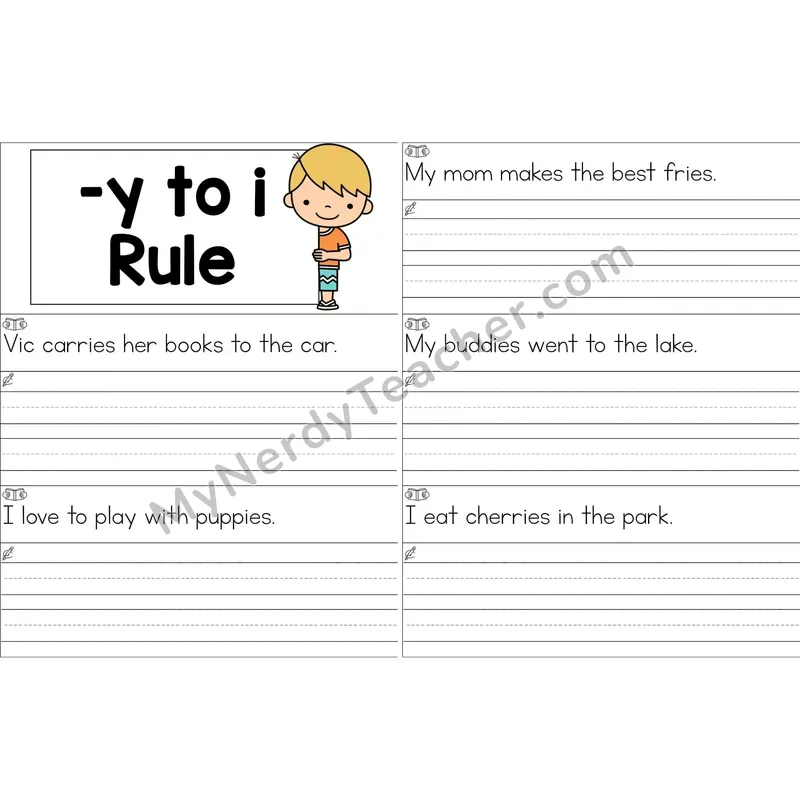 Suffix Spelling: -y to i Rule Sentence Writing Strips (Color)