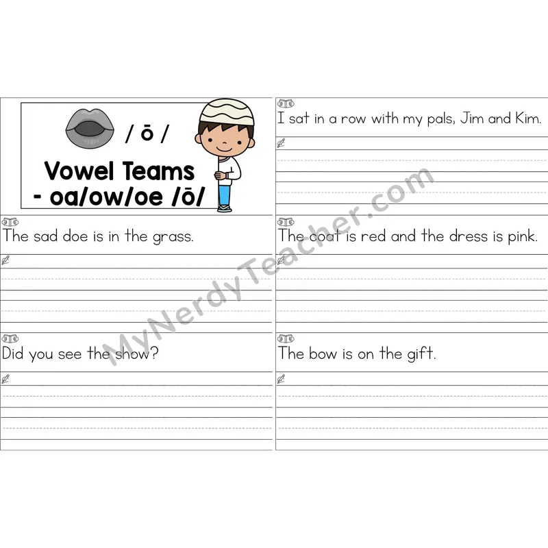 oa, ow, oe Vowel Team Sentence Writing Strips (Color)