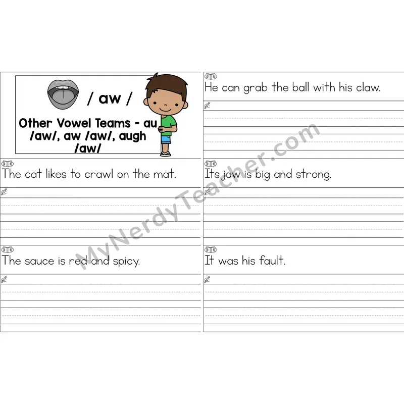 au, aw, augh Vowel Team Sentence Writing Strips (Color)