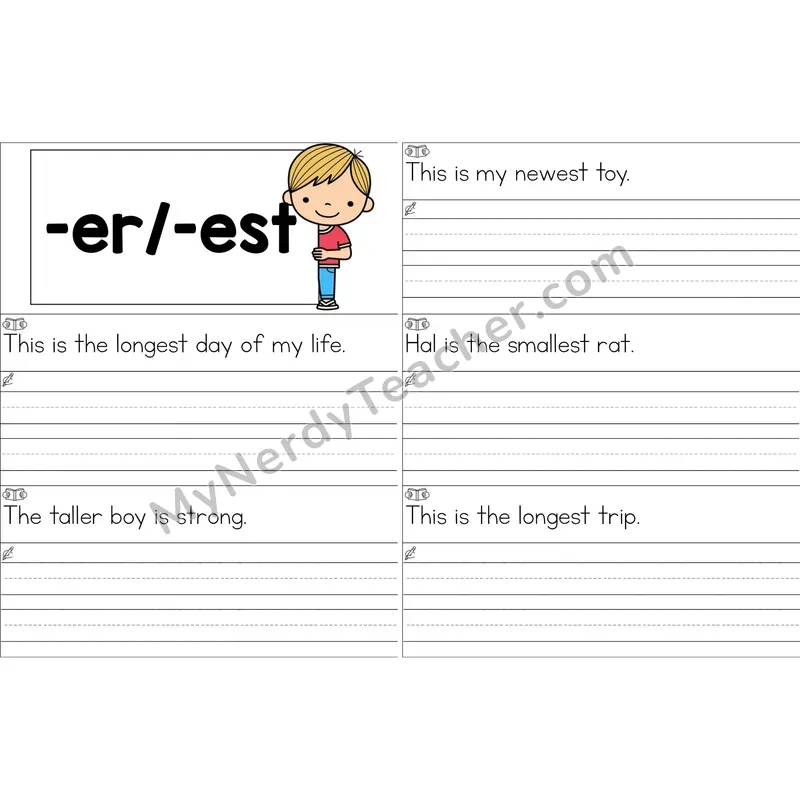 Suffixes -er, -est Sentence Writing Strips (Color)