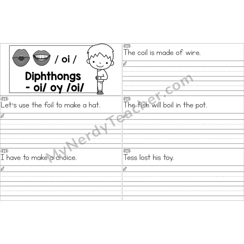 oi, oy Diphthong Sentence Writing Strips (Black and White)