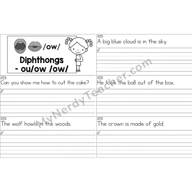 ou, ow Diphthong Sentence Writing Strips (Black and White)