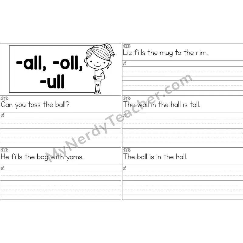 Glued Sounds -all, -oll, -ull Sentence Writing Strips (Black and White)