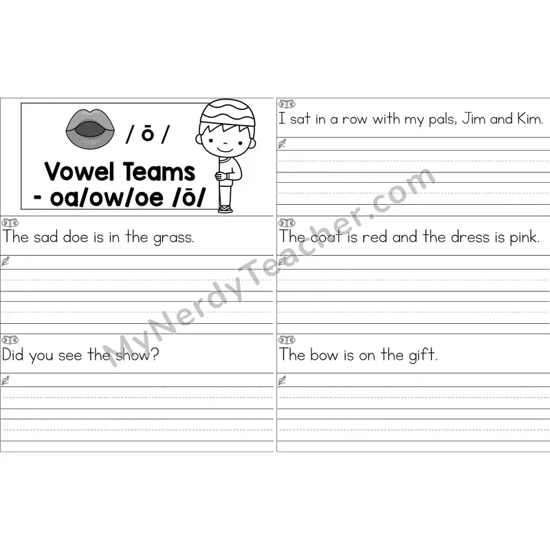 oa, ow, oe Vowel Team Sentence Writing Strips (Black and White)