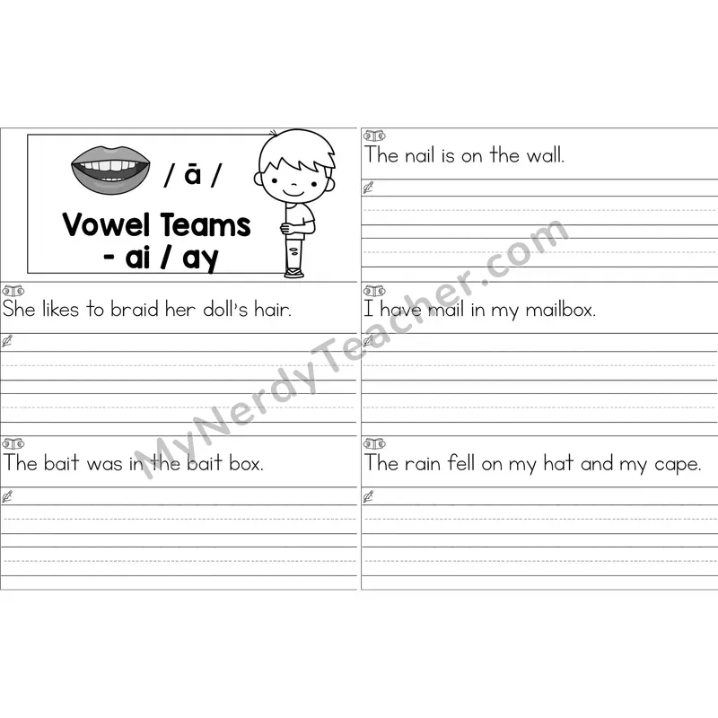 ai, ay Vowel Team Sentence Writing Strips (Black and White)