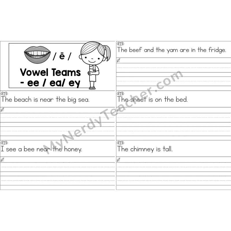 ee, ea, ey Vowel Team Sentence Writing Strips (Black and White)