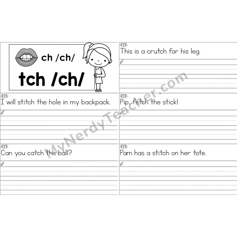 tch Trigraph Sentence Writing Strips (Black and White)