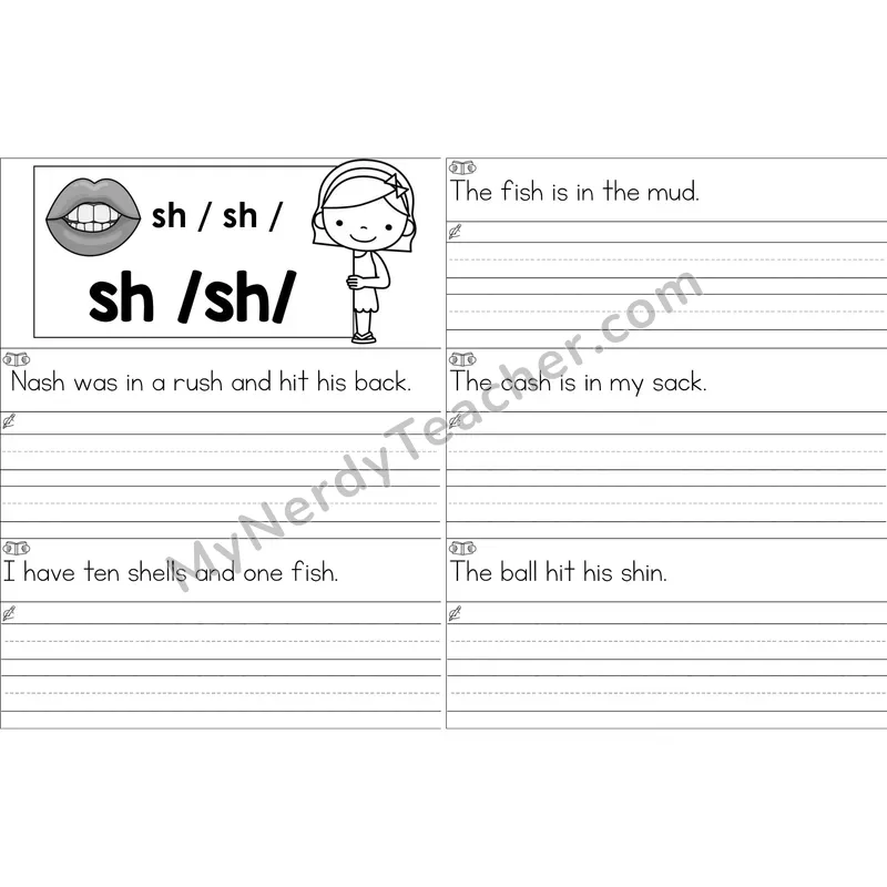 sh Digraph Sentence Writing Strips (Black and White)