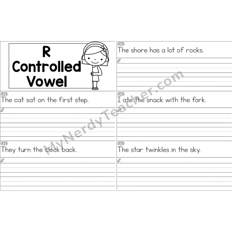 R-Controlled Vowels Review Sentence Writing Strips (Black and White)