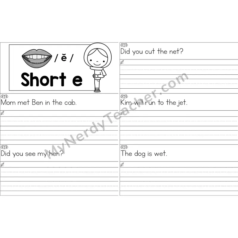Short E Sentence Writing Strips (Black and White)
