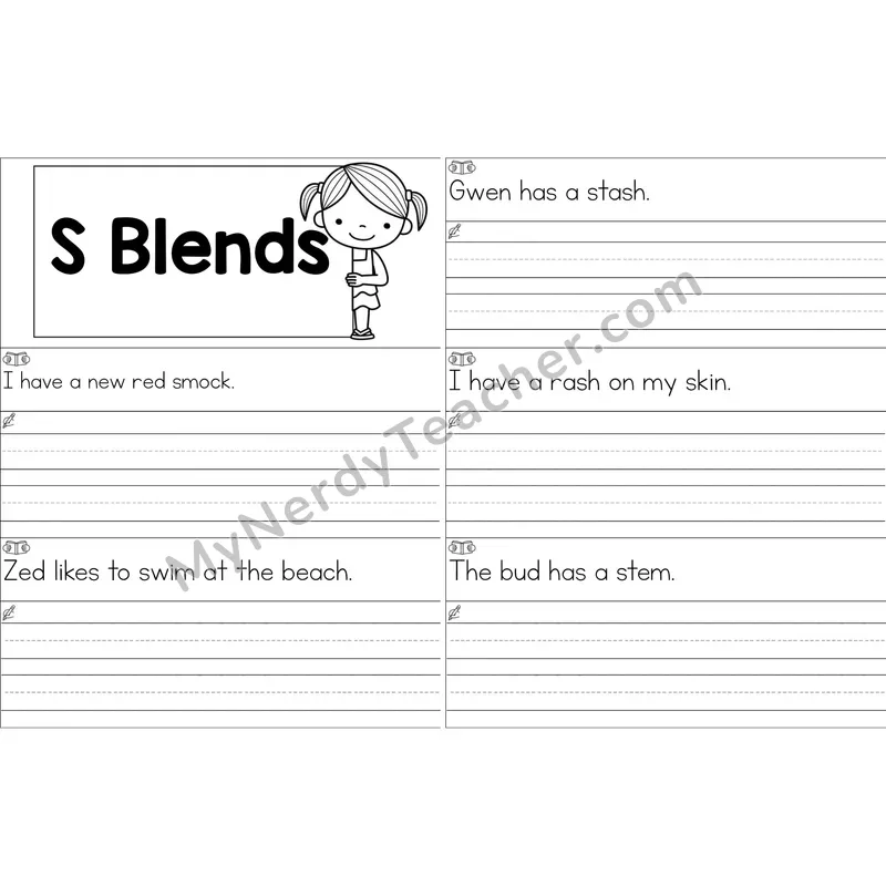 S Blends Sentence Writing Strips (Black and White)