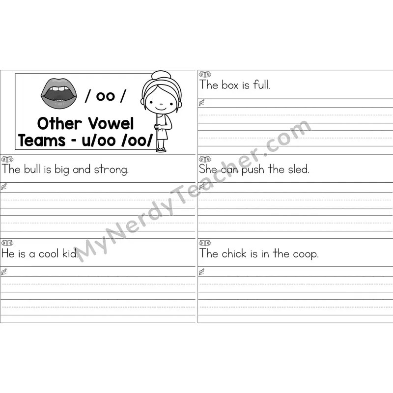 oo (long oo sound) Sentence Writing Strips (Black and White)