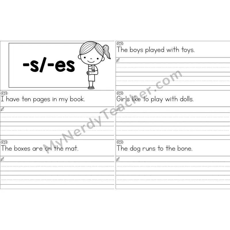 Suffixes -s, -es Sentence Writing Strips (Black and White)