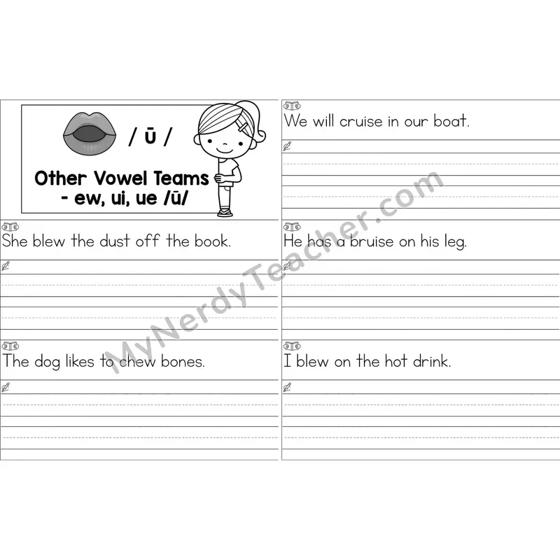 ew, ui, ue Vowel Team Sentence Writing Strips (Black and White)