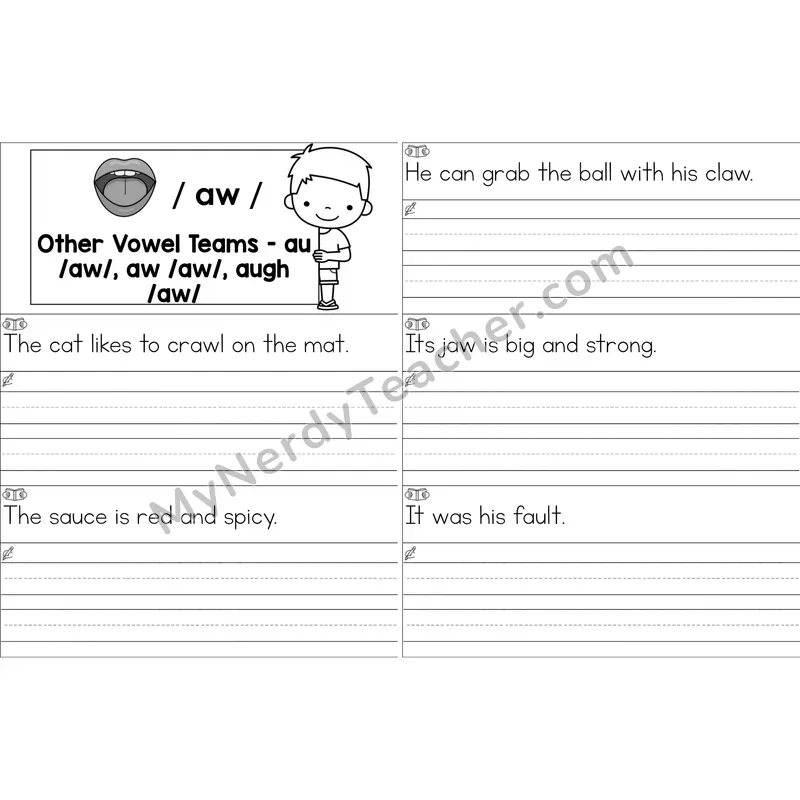 au, aw, augh Vowel Team Sentence Writing Strips (Black and White)