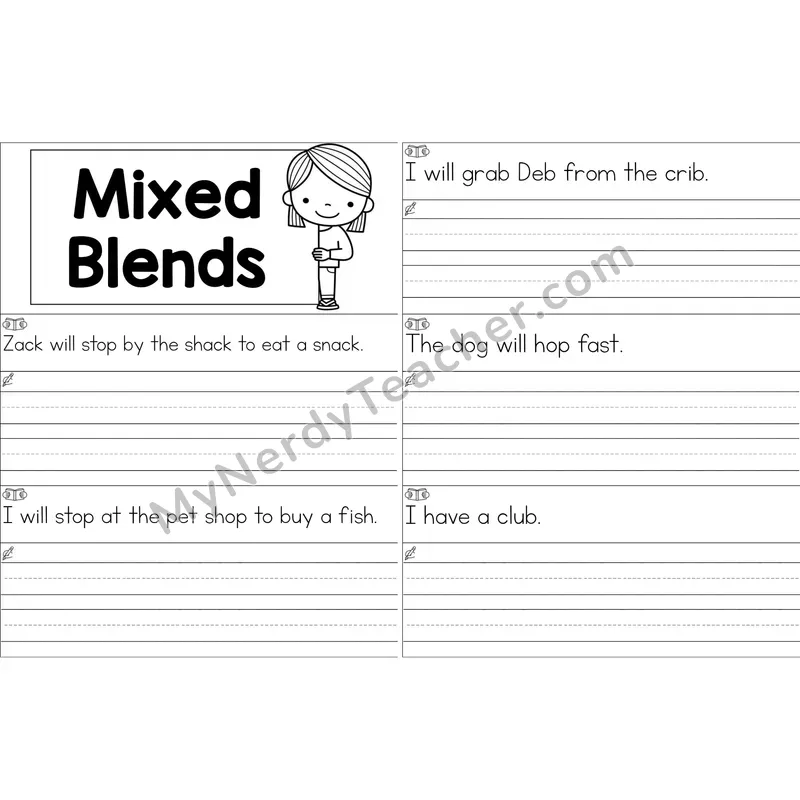 Mixed Consonant Blends Sentence Writing Strips (Black and White)