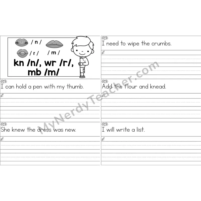Silent Letters kn, wr, mb Sentence Writing Strips (Black and White)