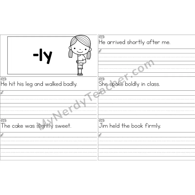Suffix -ly Sentence Writing Strips (Black and White)
