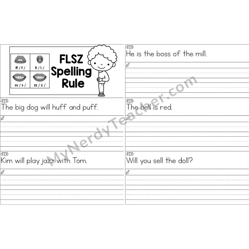 Floss Rule (ff, ll, ss, zz) Sentence Writing Strips (Black and White)