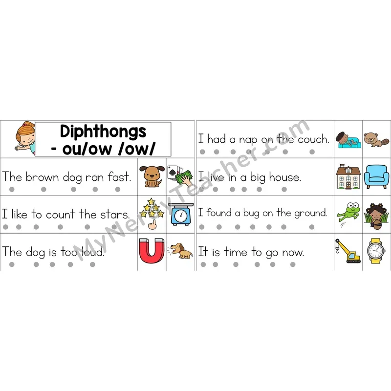 ou, ow Diphthong Decodable Sentence Strips (Color)