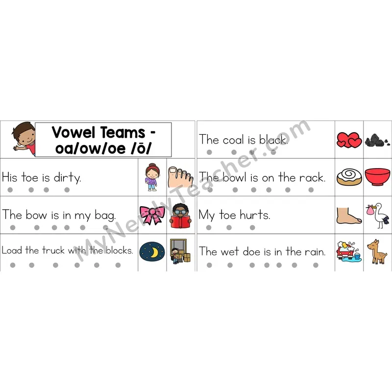 oa, ow, oe Vowel Team Decodable Sentence Strips (Color)